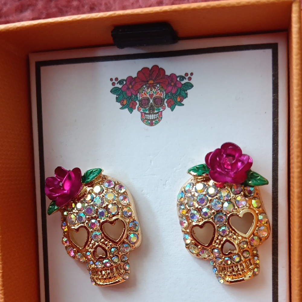 Gold Skull Earrings with Multicolor Accents - Picture 3 of 4